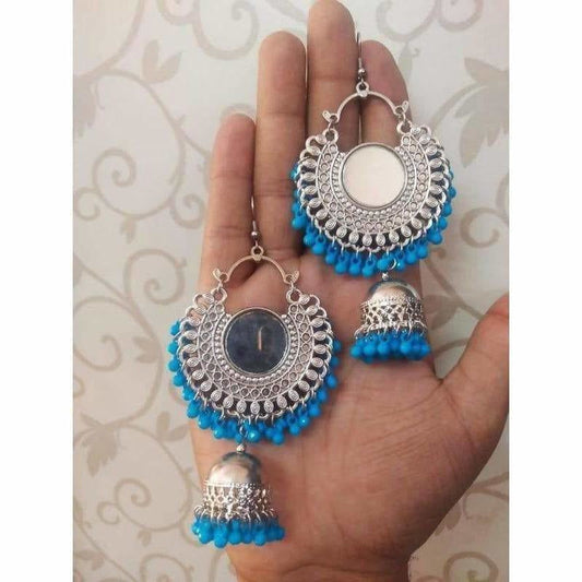 MS Fashion India Chandbali Mirror Design Earrings With Blue Color Pearls And Jhumka Hangings | Swadesiicart