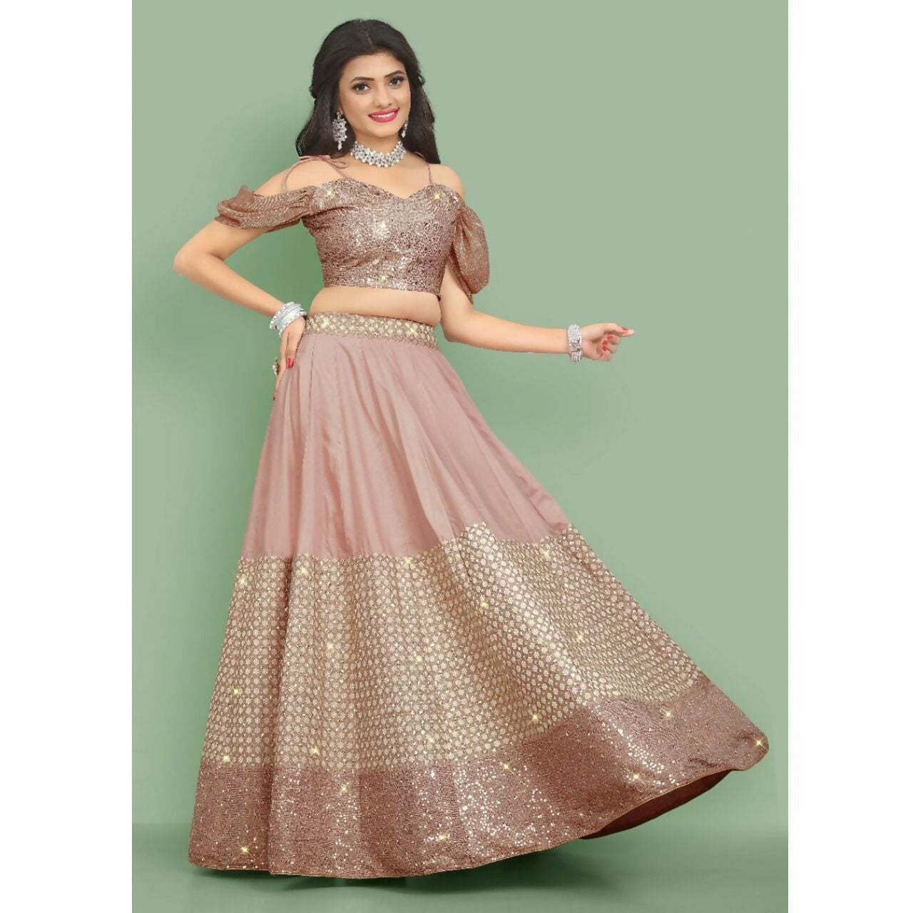 Jyoti Fashion Dusty Rose Pink Dori with Zari Thread Sequence Embroidery Cotton Silk Lehenga Choli with Dupatta | Swadesiicart