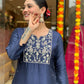 The52 Navy Blue Women's Beautiful Viscose Chanderi Fabric Embroidered Work Straight Kurta Pant and Dupatta Set - Swadesiicart