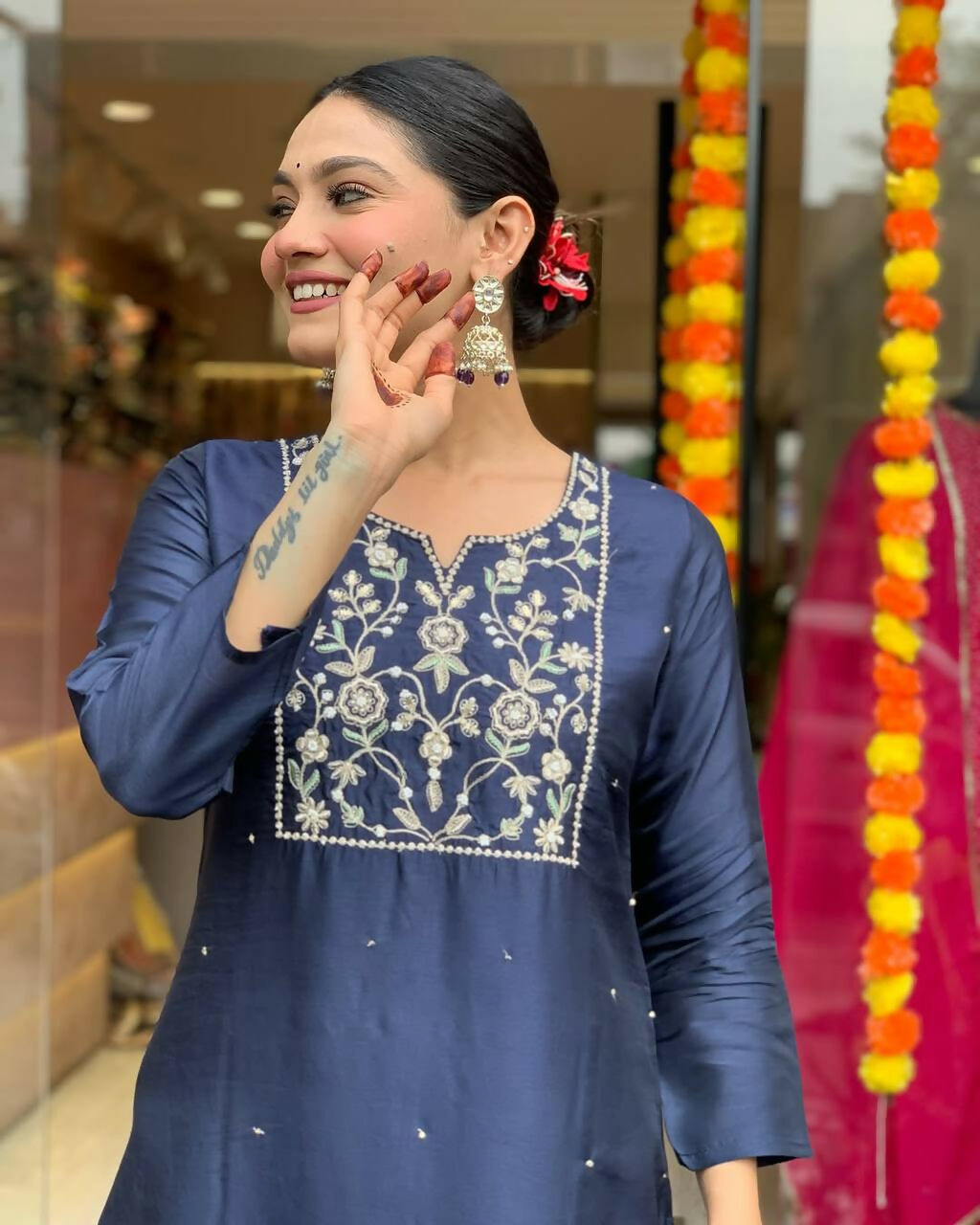 The52 Navy Blue Women's Beautiful Viscose Chanderi Fabric Embroidered Work Straight Kurta Pant and Dupatta Set - Swadesiicart