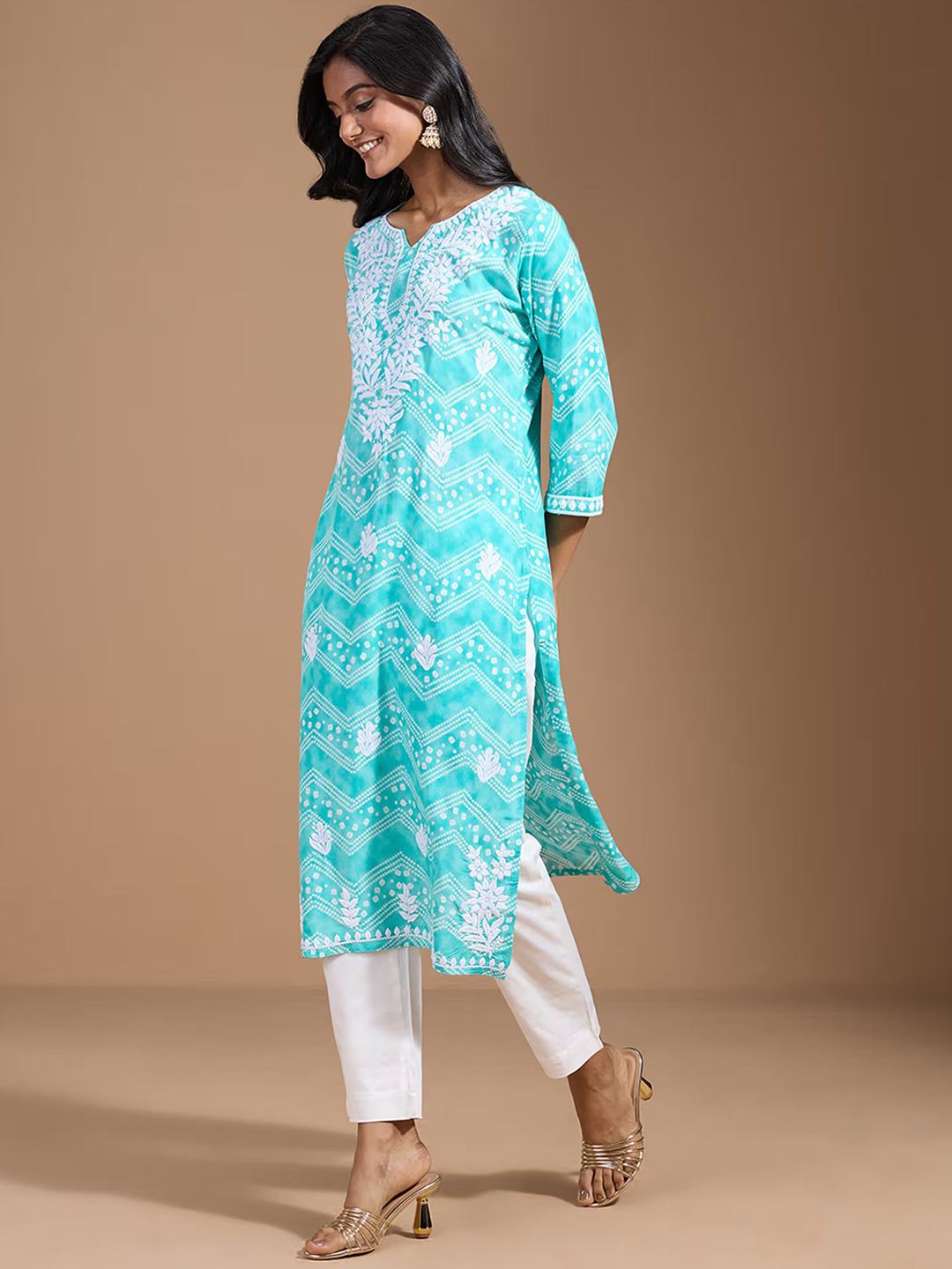 Ode by House of Pataudi Women Ethnic Motifs Embroidered Chikankari Kurta | Swadesiicart