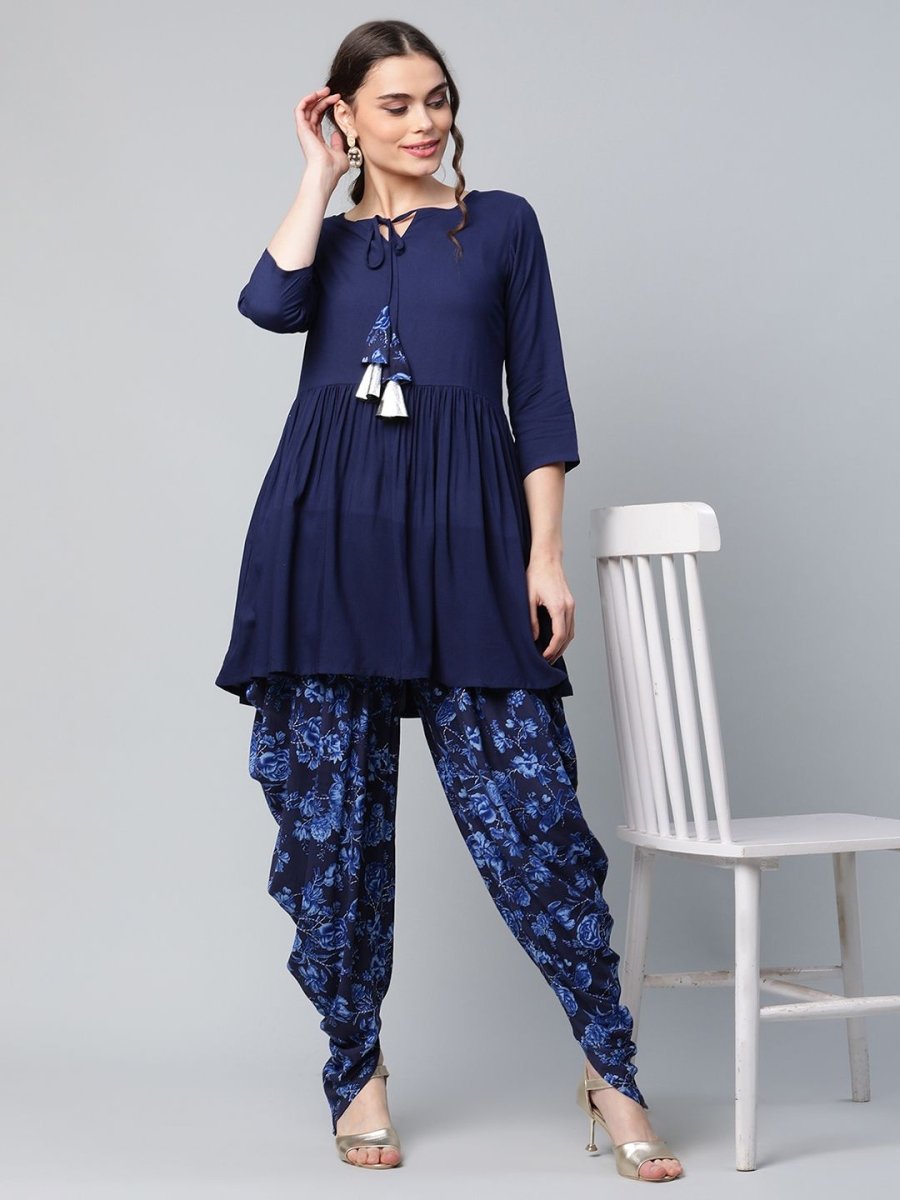 Ahalyaa Women Navy Blue Rayon Floral Empire Kurti with Dhoti Pants | Swadesiicart