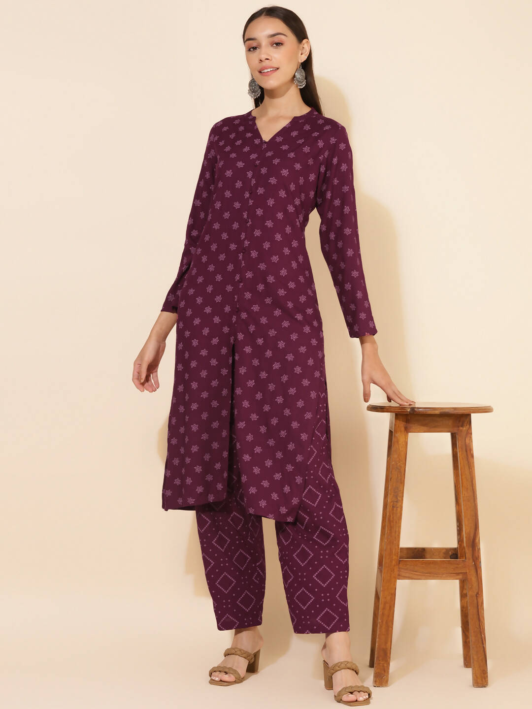 Janasya Women's Wine Rayon Floral Printed Casual Straight Co-ords - Swadesiicart