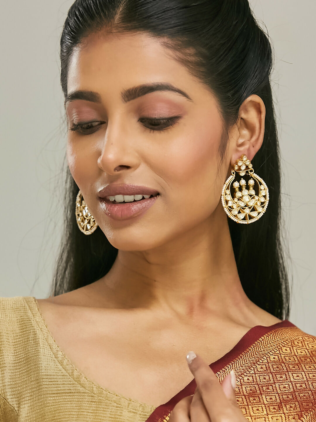 Nuyug 22K Gold-Plated Elegant Kundan Stone Studded & Pearl Beaded Chandbalis | Swadesiicart
