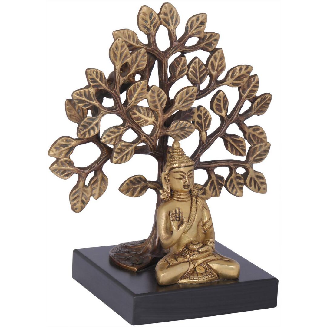 Exotic India Lord Buddha Seated On Wooden Pedestal With Bodhi Tree - Swadesiicart