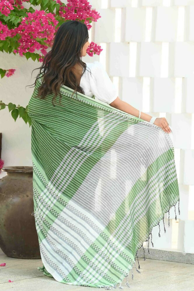 Beatitude Green Cotton Tanchori Handloom Saree