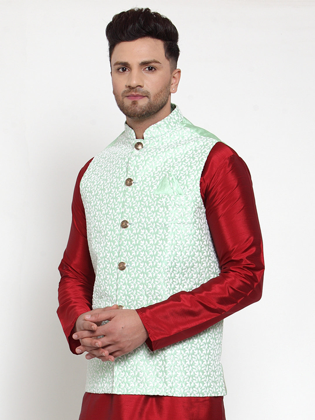 Jompers Men's Green Embroidered Nehru Jacket | Swadesiicart