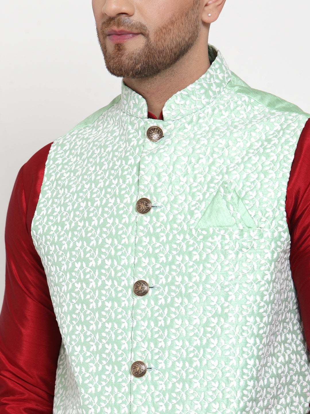 Jompers Men's Green Embroidered Nehru Jacket | Swadesiicart