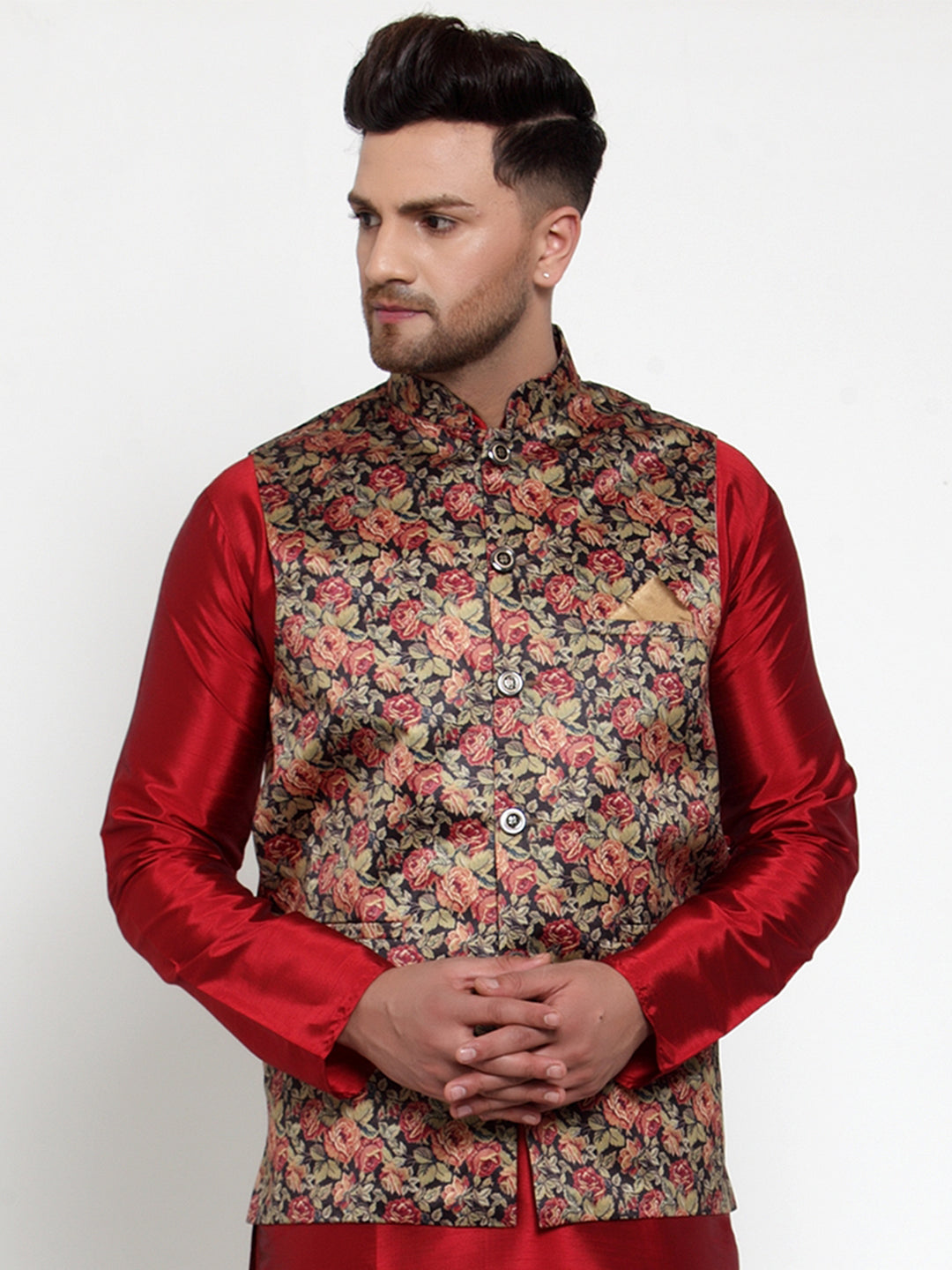 Jompers Men's Beautiful Black Printed Nehru Jacket | Swadesiicart