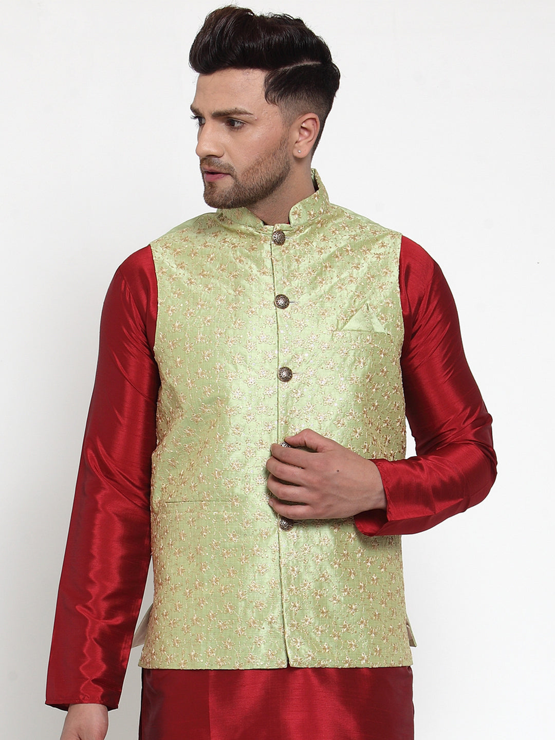 Jompers Men's Beautiful Green Embroidered Nehru Jacket | Swadesiicart