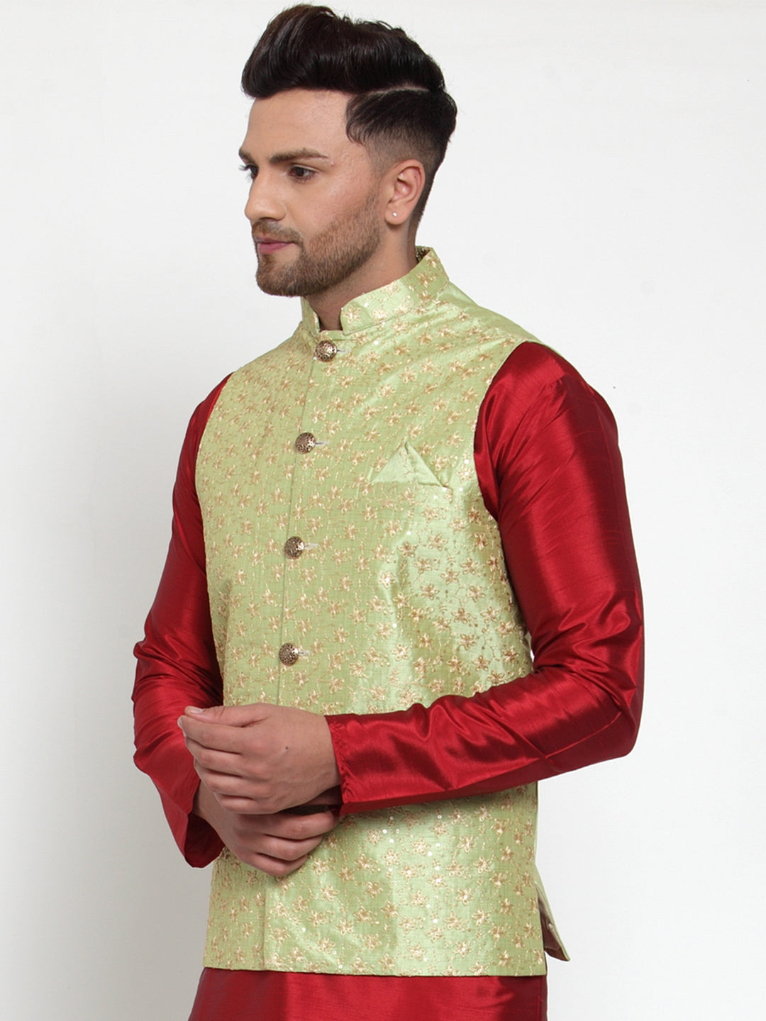 Jompers Men's Beautiful Green Embroidered Nehru Jacket | Swadesiicart