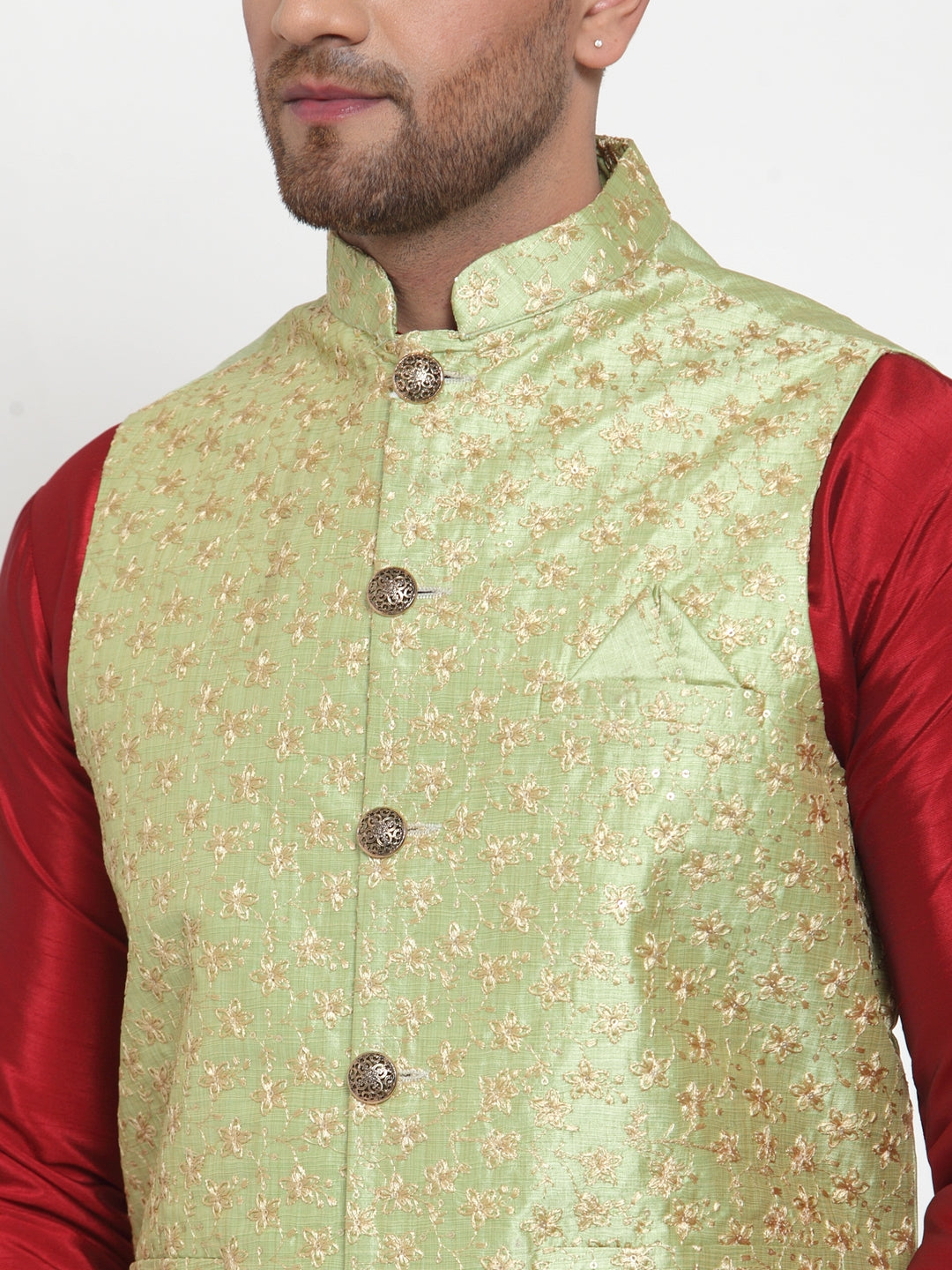 Jompers Men's Beautiful Green Embroidered Nehru Jacket | Swadesiicart