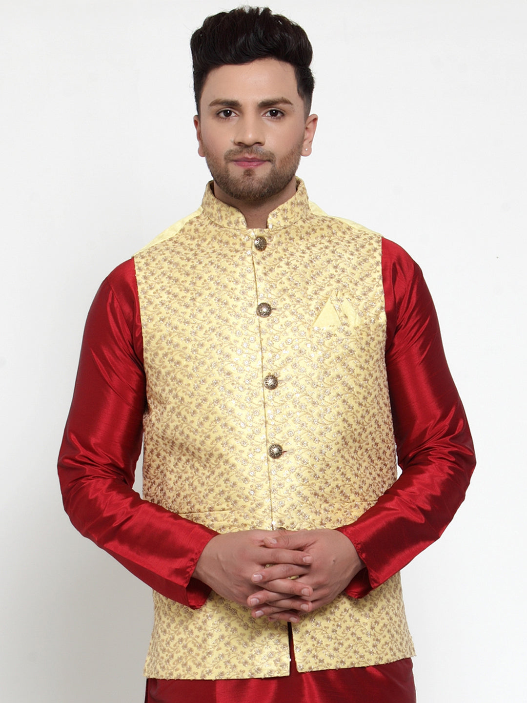 Jompers Men's Beautiful Yellow Embroidered Nehru Jacket | Swadesiicart