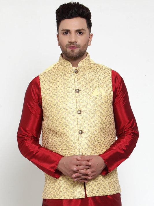 Jompers Men's Beautiful Yellow Embroidered Nehru Jacket | Swadesiicart