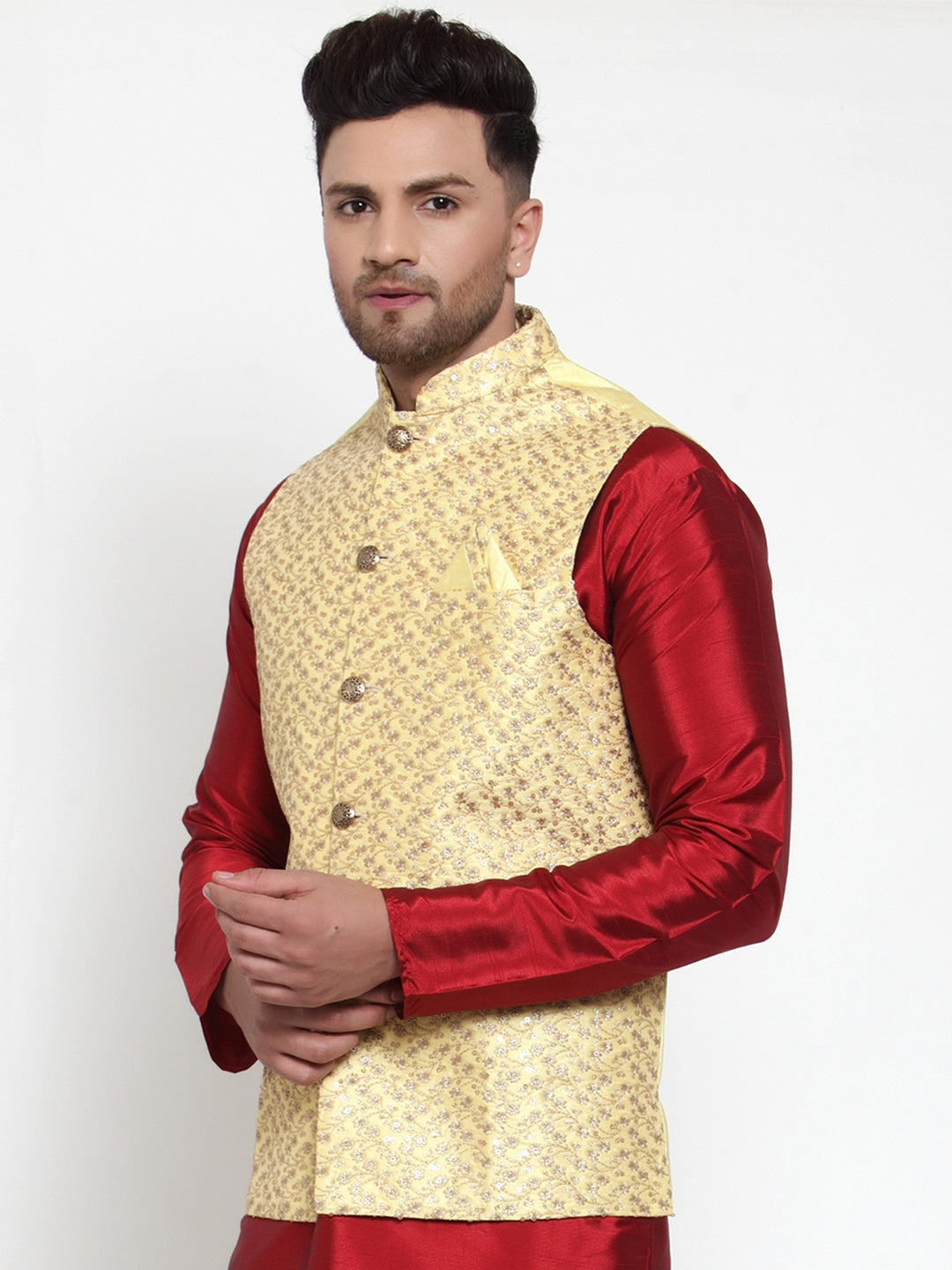 Jompers Men's Beautiful Yellow Embroidered Nehru Jacket | Swadesiicart