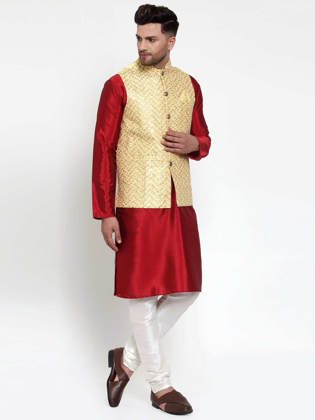 Jompers Men's Beautiful Yellow Embroidered Nehru Jacket | Swadesiicart