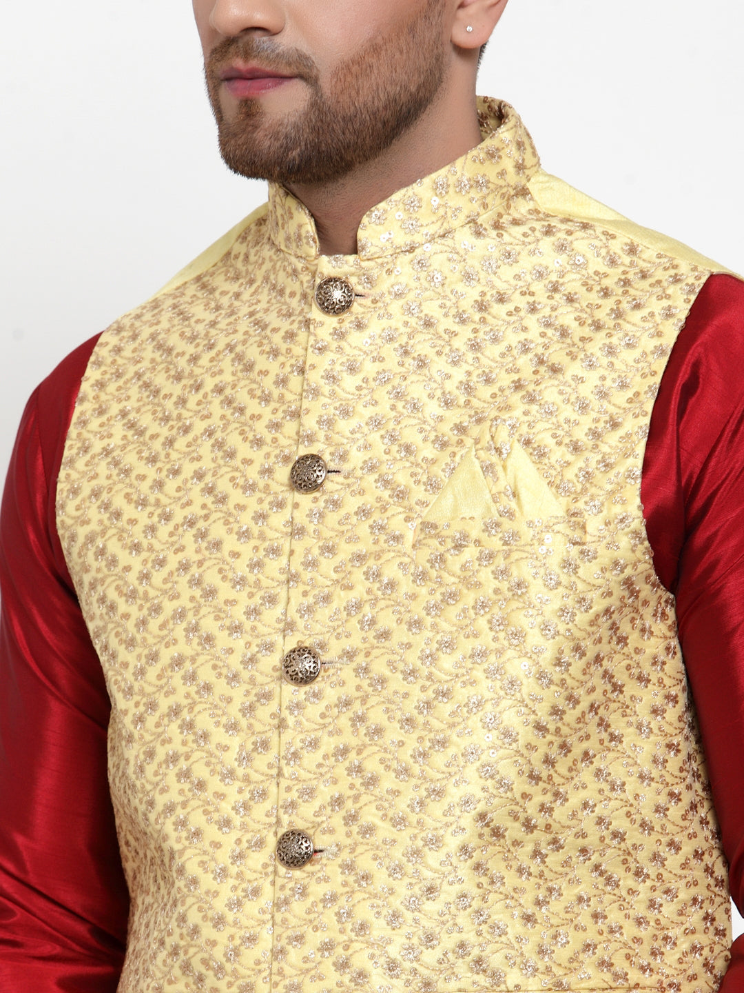 Jompers Men's Beautiful Yellow Embroidered Nehru Jacket | Swadesiicart