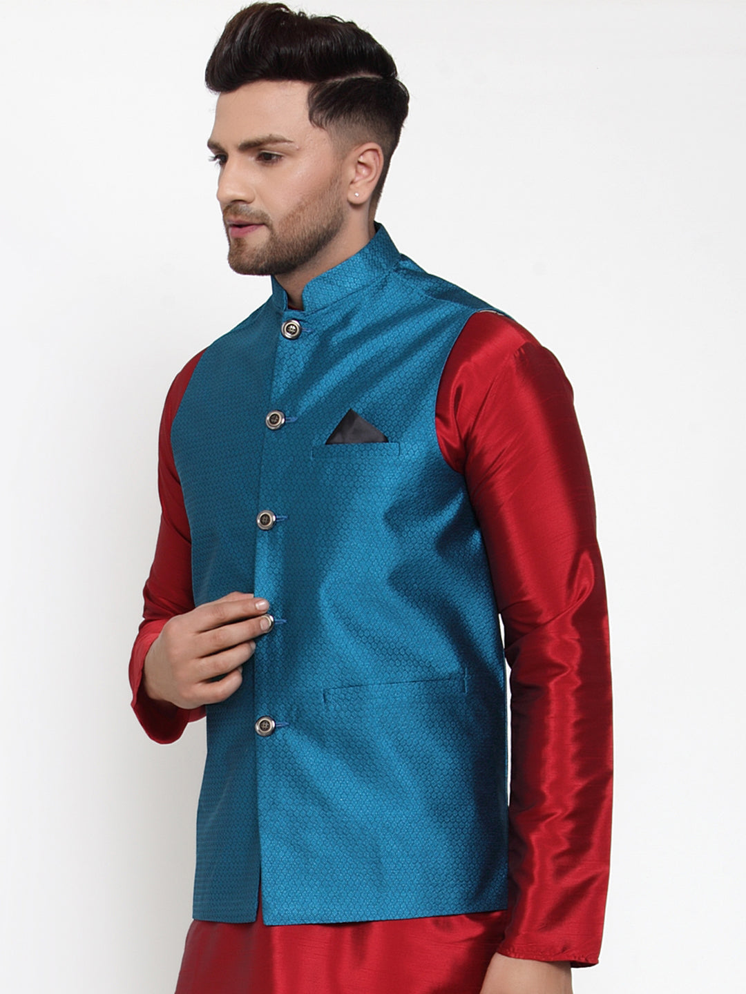 Jompers Men's Beautiful Blue Woven Jacquard Nehru Jacket | Swadesiicart