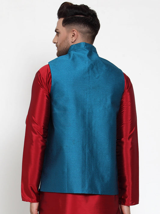 Jompers Men's Beautiful Blue Woven Jacquard Nehru Jacket | Swadesiicart