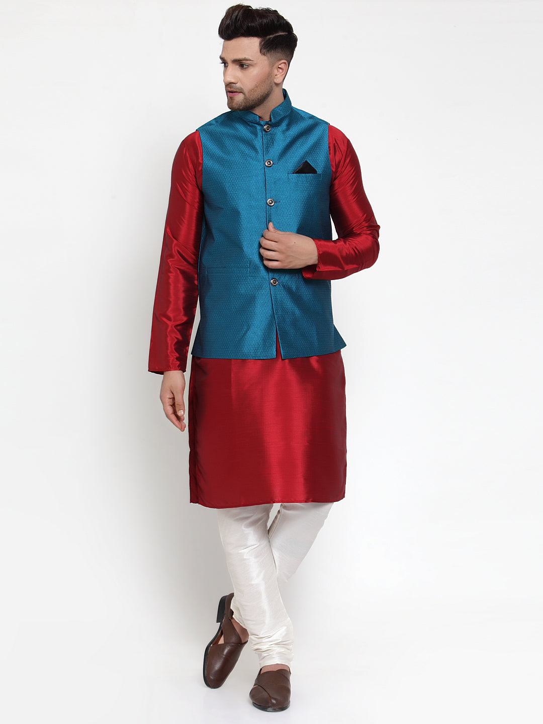 Jompers Men's Beautiful Blue Woven Jacquard Nehru Jacket | Swadesiicart