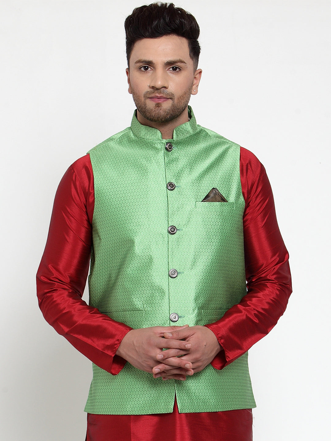Jompers Men's Green Woven Jacquard Nehru Jacket | Swadesiicart