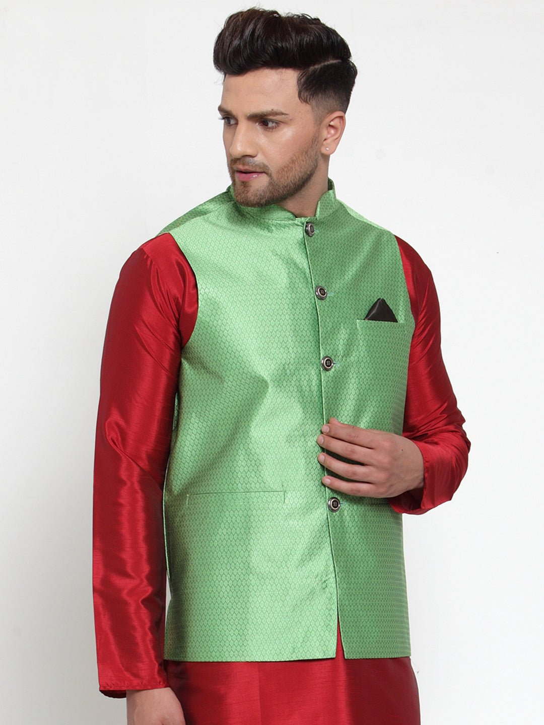 Jompers Men's Green Woven Jacquard Nehru Jacket | Swadesiicart