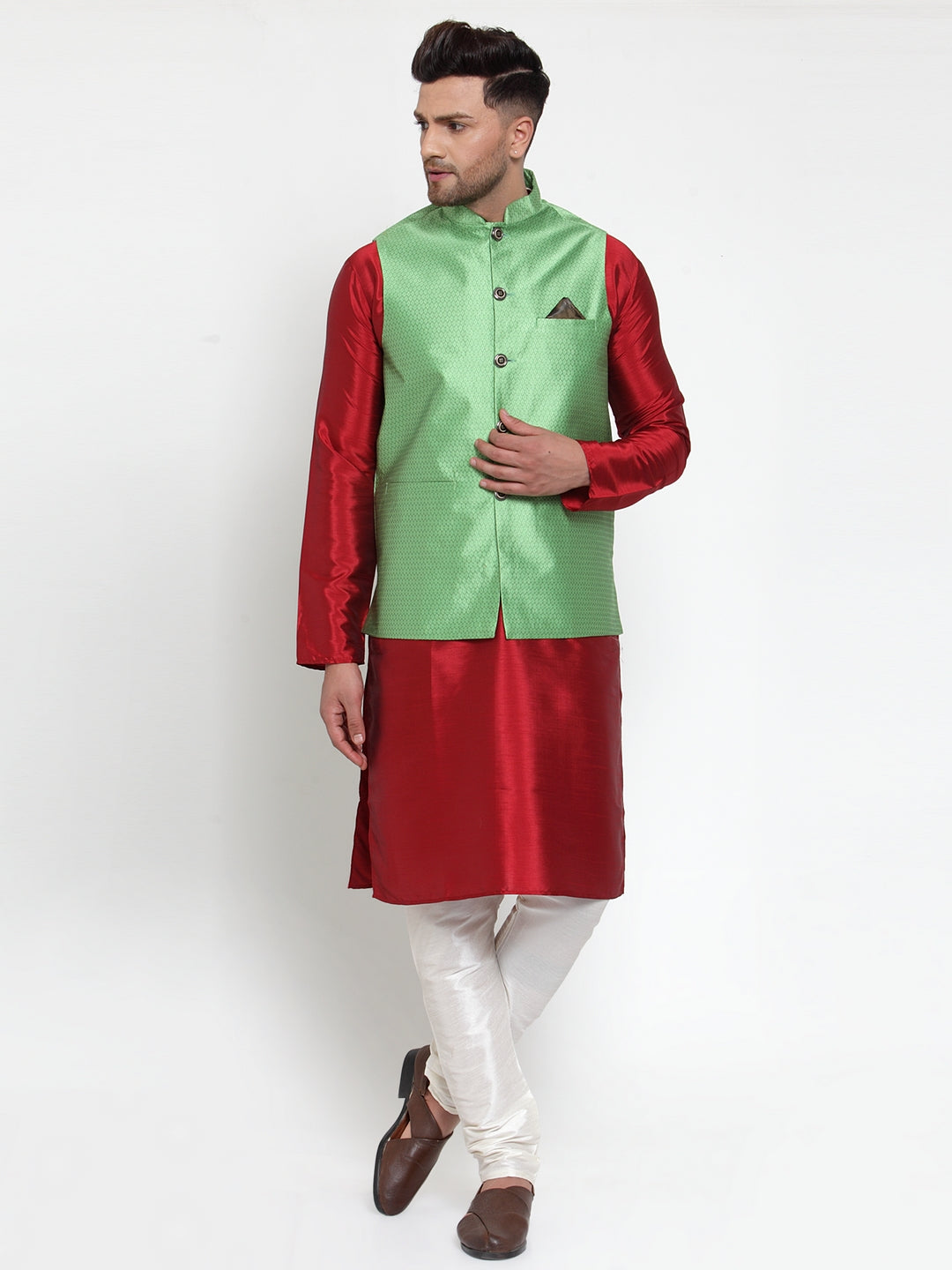 Jompers Men's Green Woven Jacquard Nehru Jacket | Swadesiicart