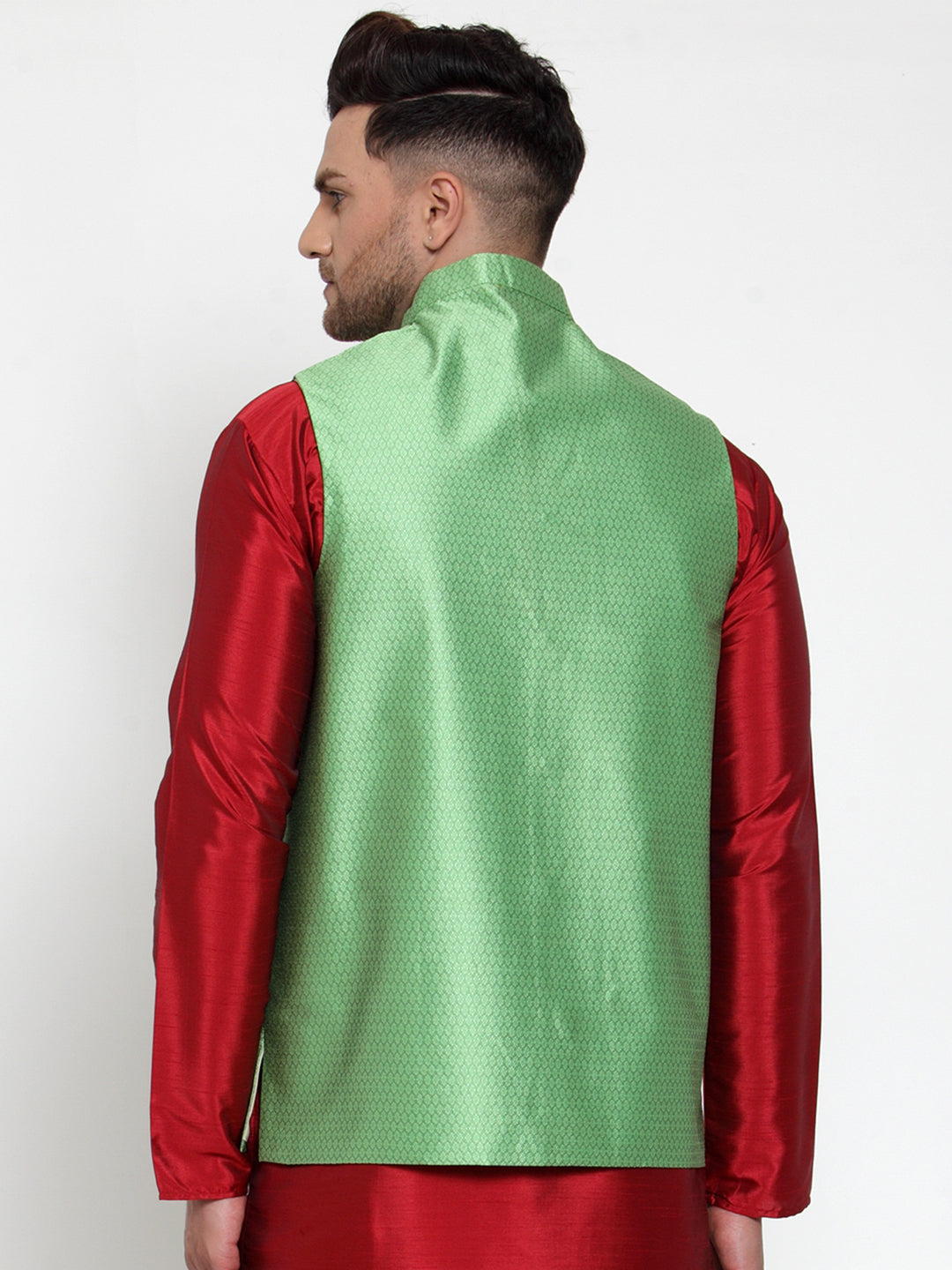 Jompers Men's Green Woven Jacquard Nehru Jacket | Swadesiicart