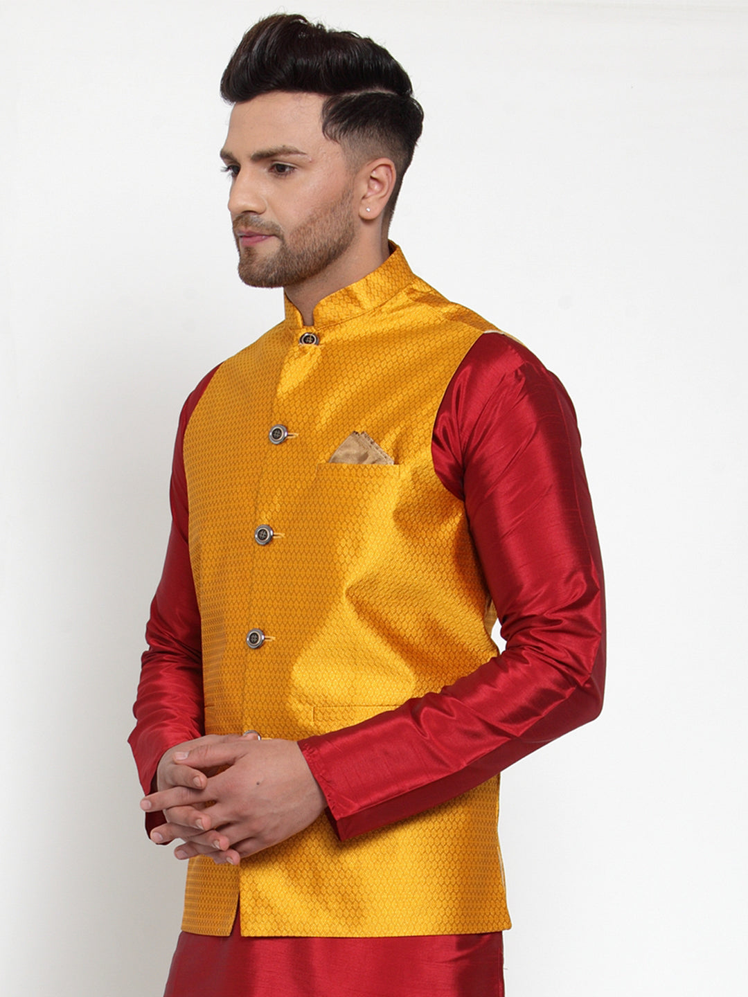 Jompers Men's Yellow Woven Jacquard Nehru Jacket | Swadesiicart