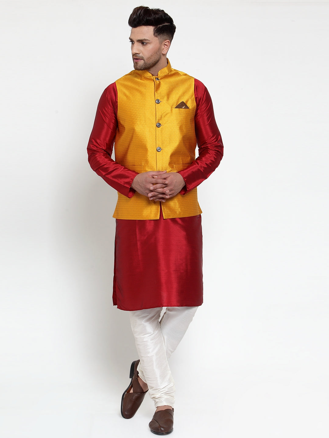 Jompers Men's Yellow Woven Jacquard Nehru Jacket | Swadesiicart
