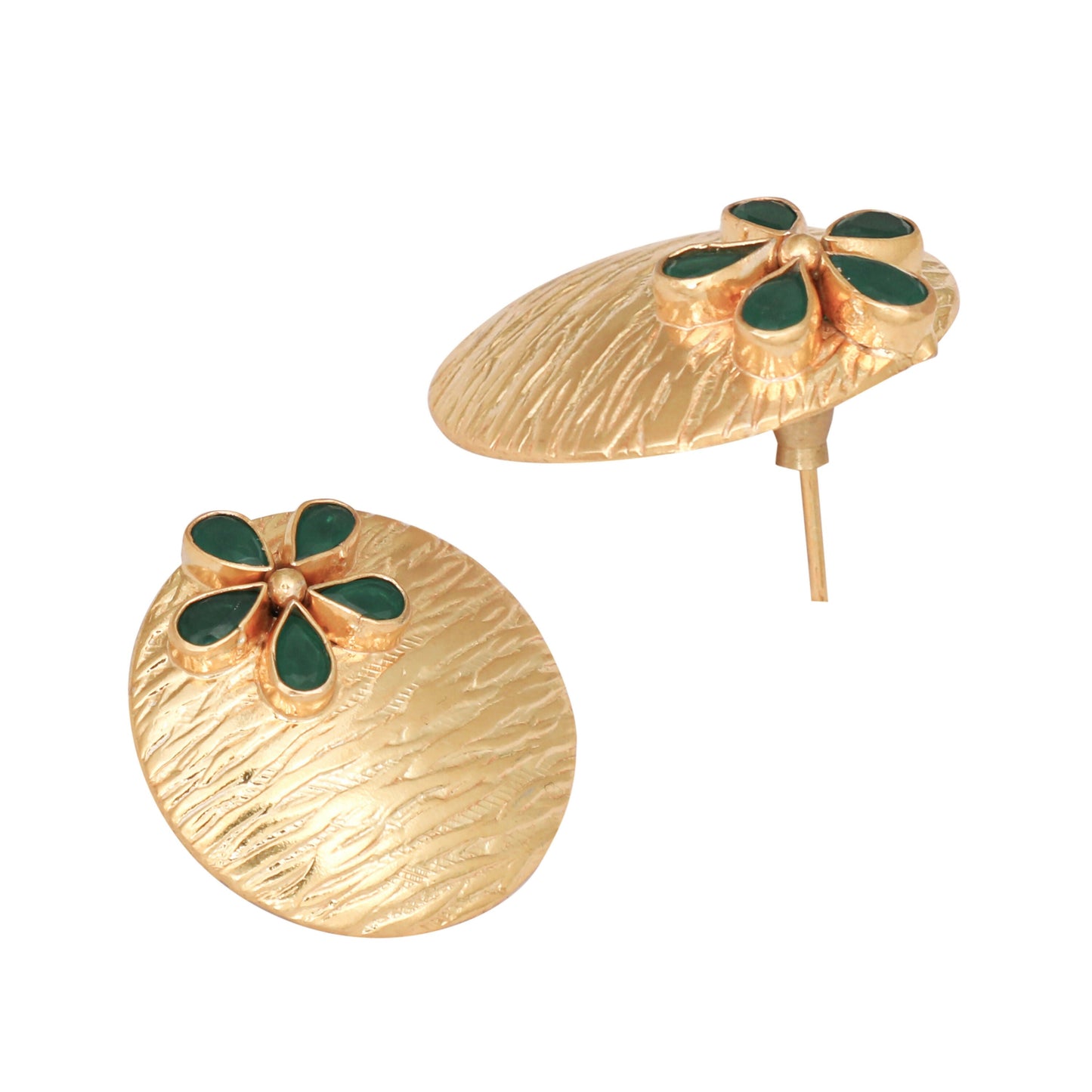 Nuyug 22K Gold-Plated Faux Emerald Stones Studded Circular Floral Shaped Motif Studs | Swadesiicart