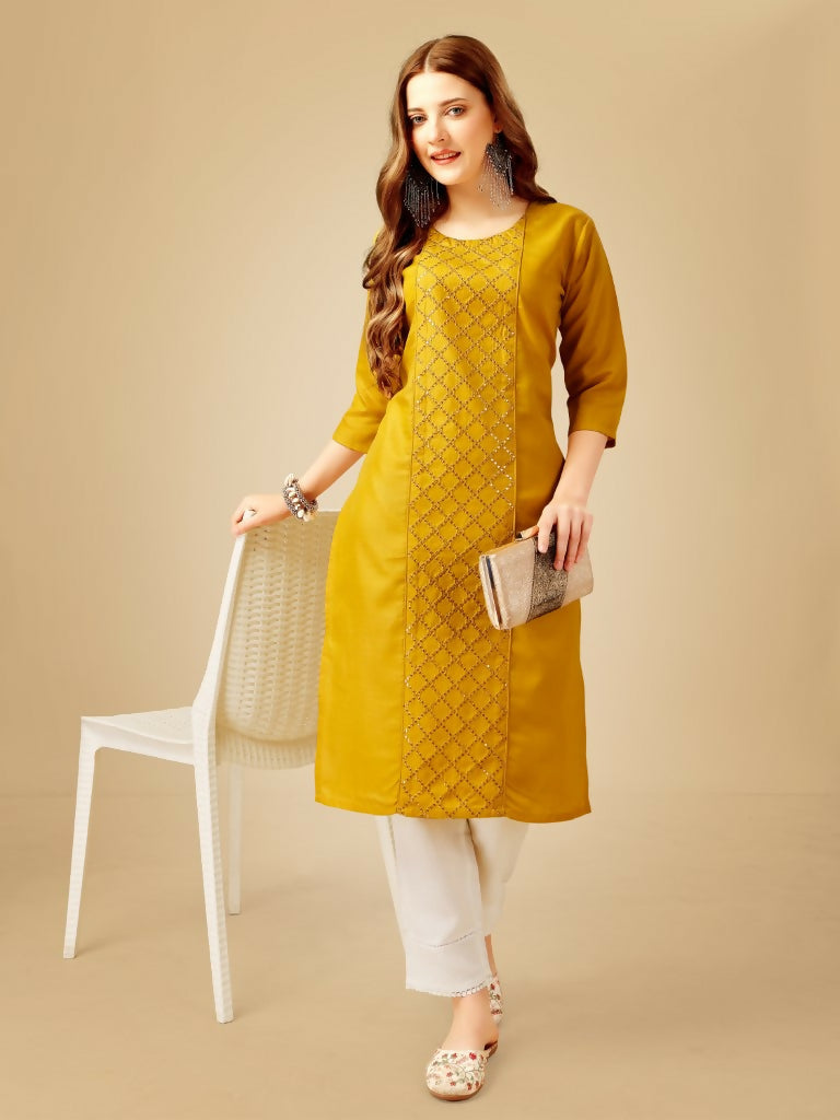 Jyoti Fashion Women's Yellow Cotton Blend Embroidered Kurta Pant Set | Swadesiicart