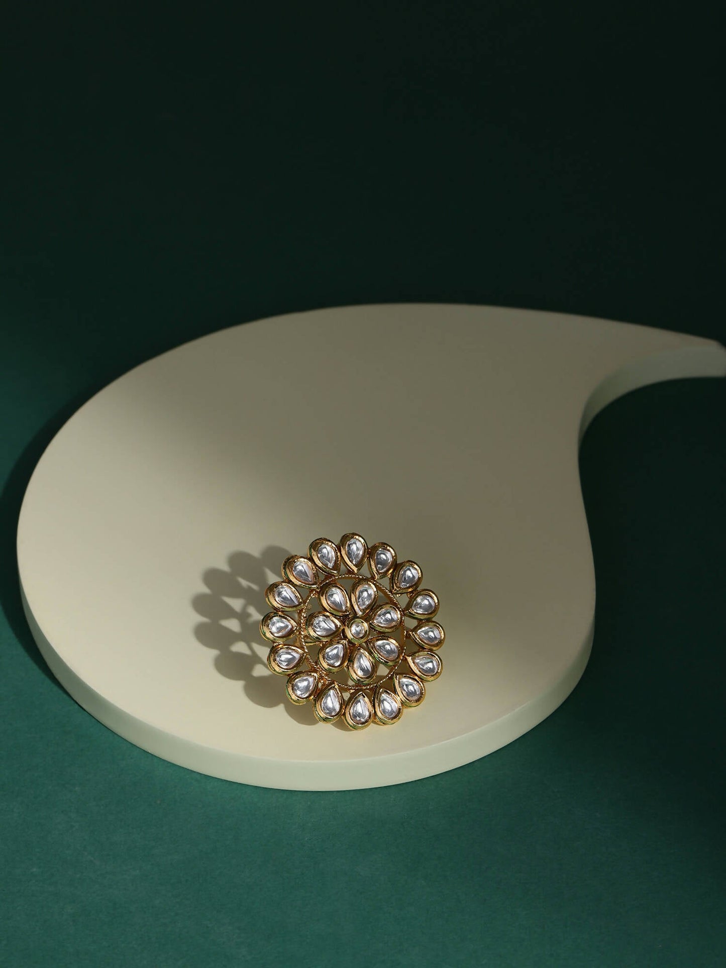 Gold-Polished White Kundan-Studded Adjustable Finger Ring - Ruby Raang | Swadesiicart