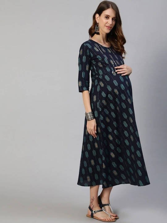 Anubhutee Navy Blue Ethnic Motifs Maternity A-Line Midi Dress | Swadesiicart