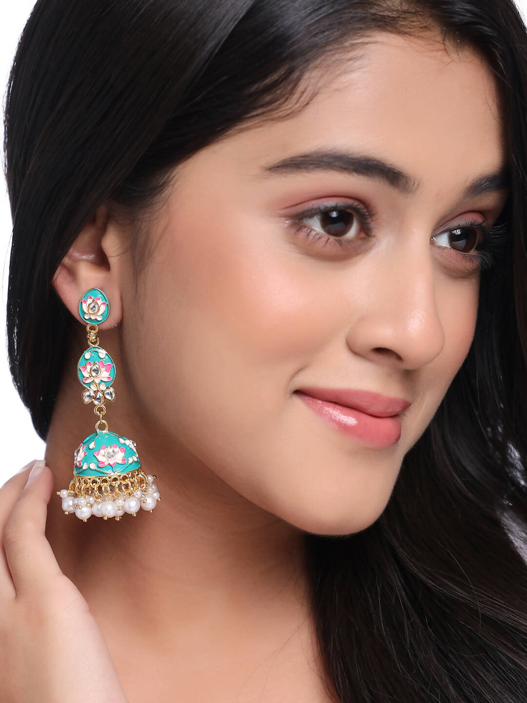 NVR Women Gold-Polished Blue Kundan Jhumkas Earrings | Swadesiicart