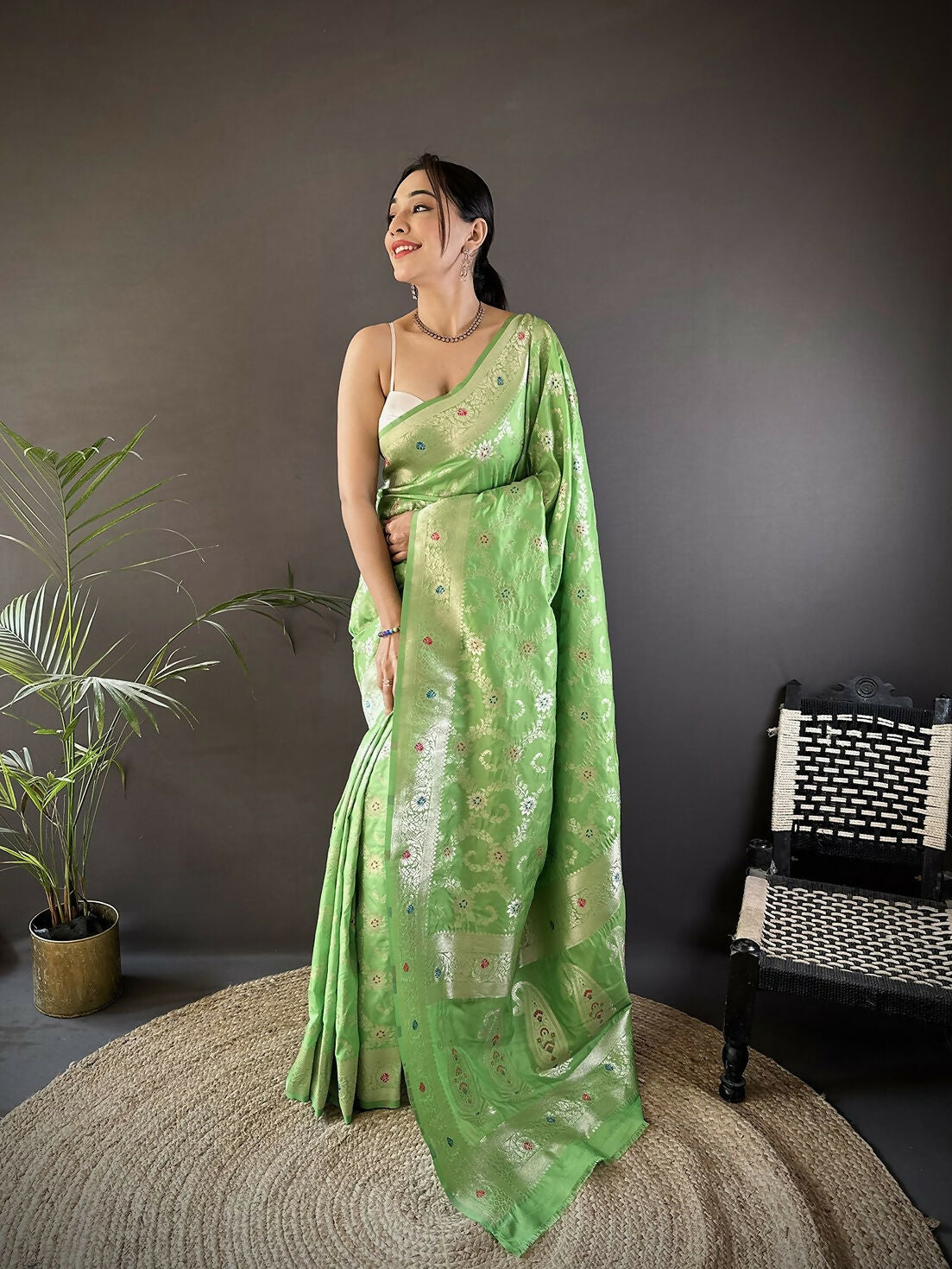 Joban Fashion Pista Green Meenakari Banarasi Silk Sarees | Swadesiicart