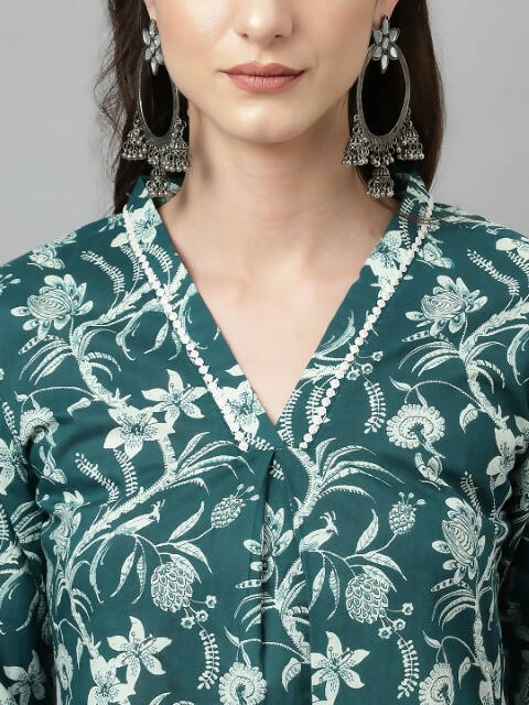 FIORRA Women's Teal Green Cotton A-Line Kurta Set - Swadesiicart