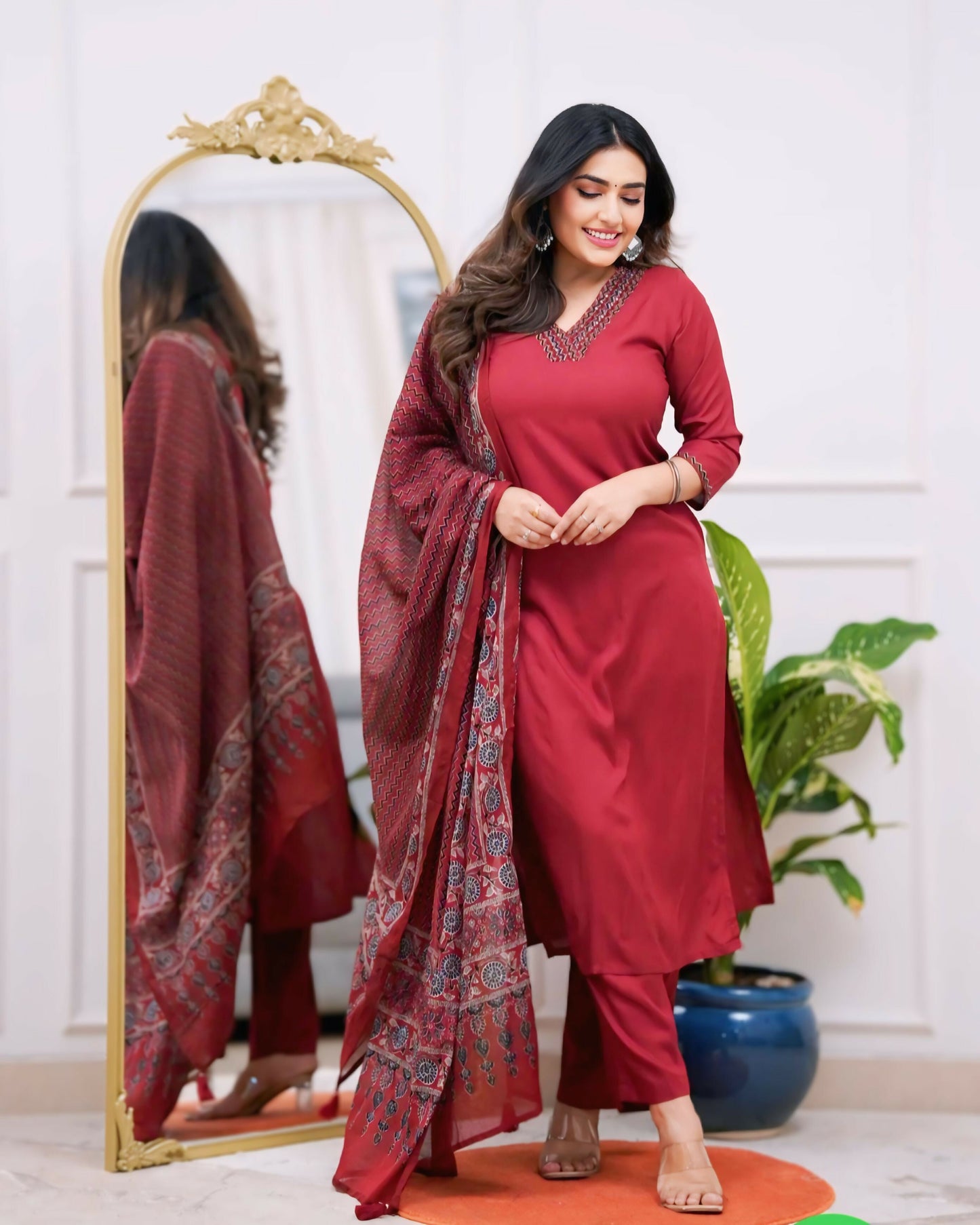 The52 Maroon Women's Gorgeous Parampara Fabric Embroidered Work Straight Kurta Pant and Dupatta Set - Swadesiicart
