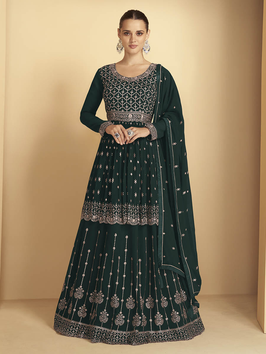Myra Dark Green Georgette Embroidered Sharara Suit | Swadesiicart