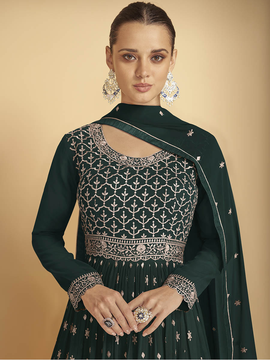 Myra Dark Green Georgette Embroidered Sharara Suit | Swadesiicart