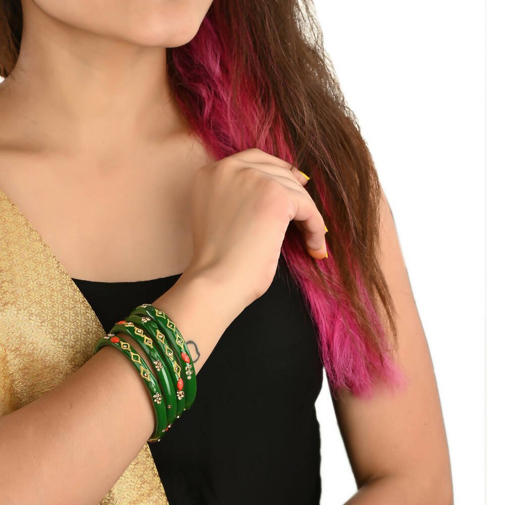 Afast Designer Fancy Party Bangle/ Kada Set, Green, Glass, Pack Of 8 - Swadesiicart
