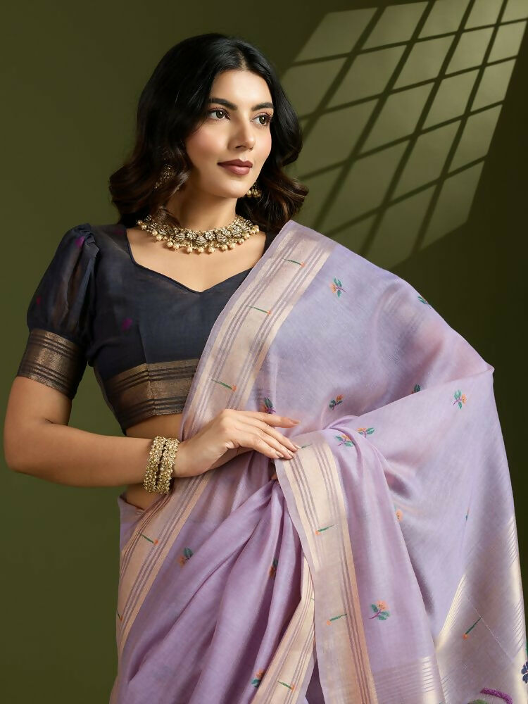Vishnu Weaves Women's Lavender Muga Cotton Thread Woven Butti with Blouse - Swadesiicart