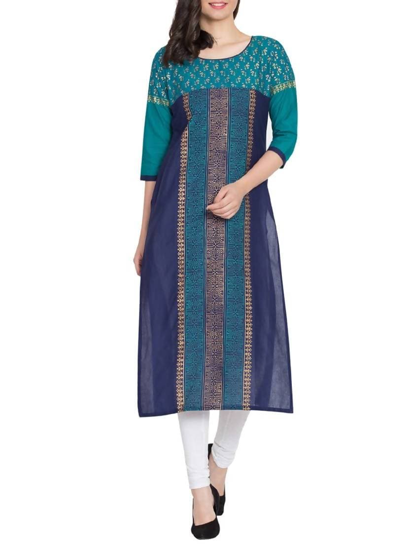 Cheera Hand Block Print Straight Kurta in Blue Color | Swadesiicart