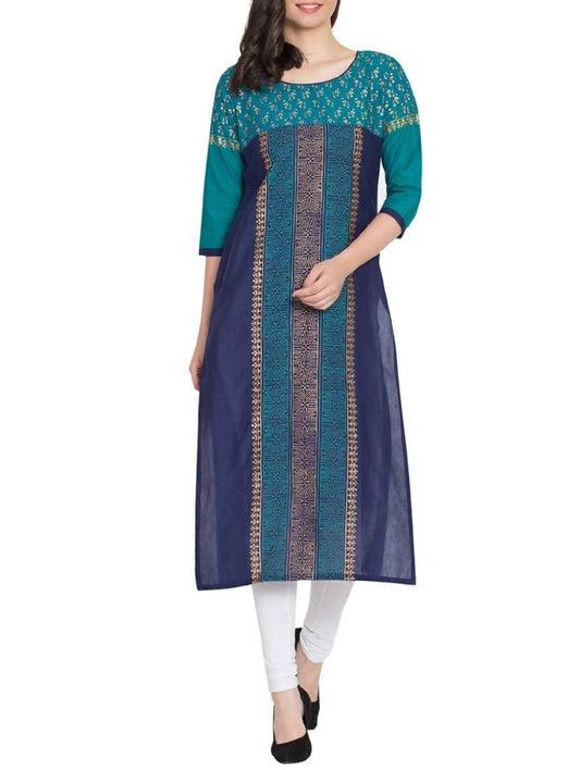 Cheera Hand Block Print Straight Kurta in Blue Color | Swadesiicart