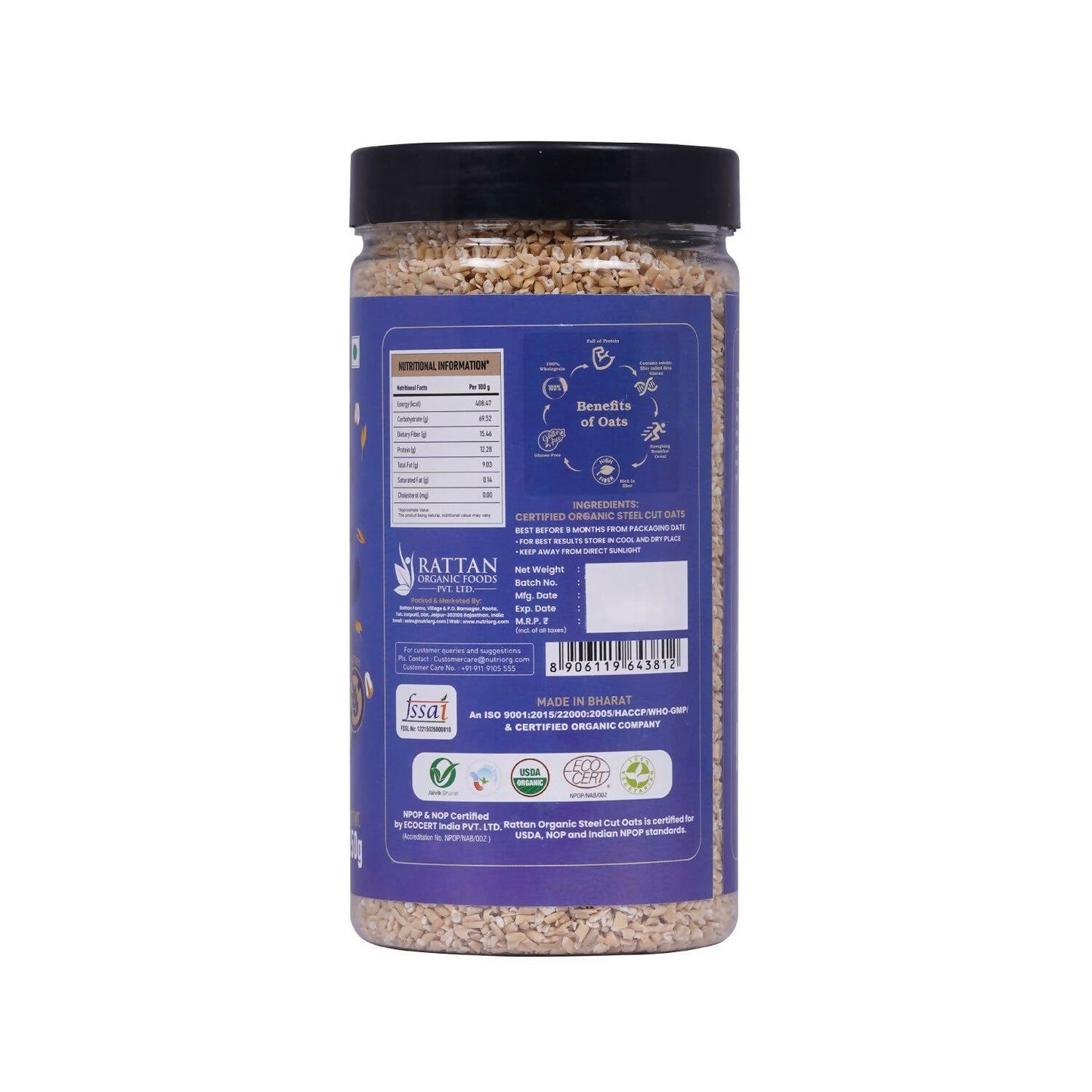 Nutriorg Certified Organic Steelcut Oats - Swadesiicart