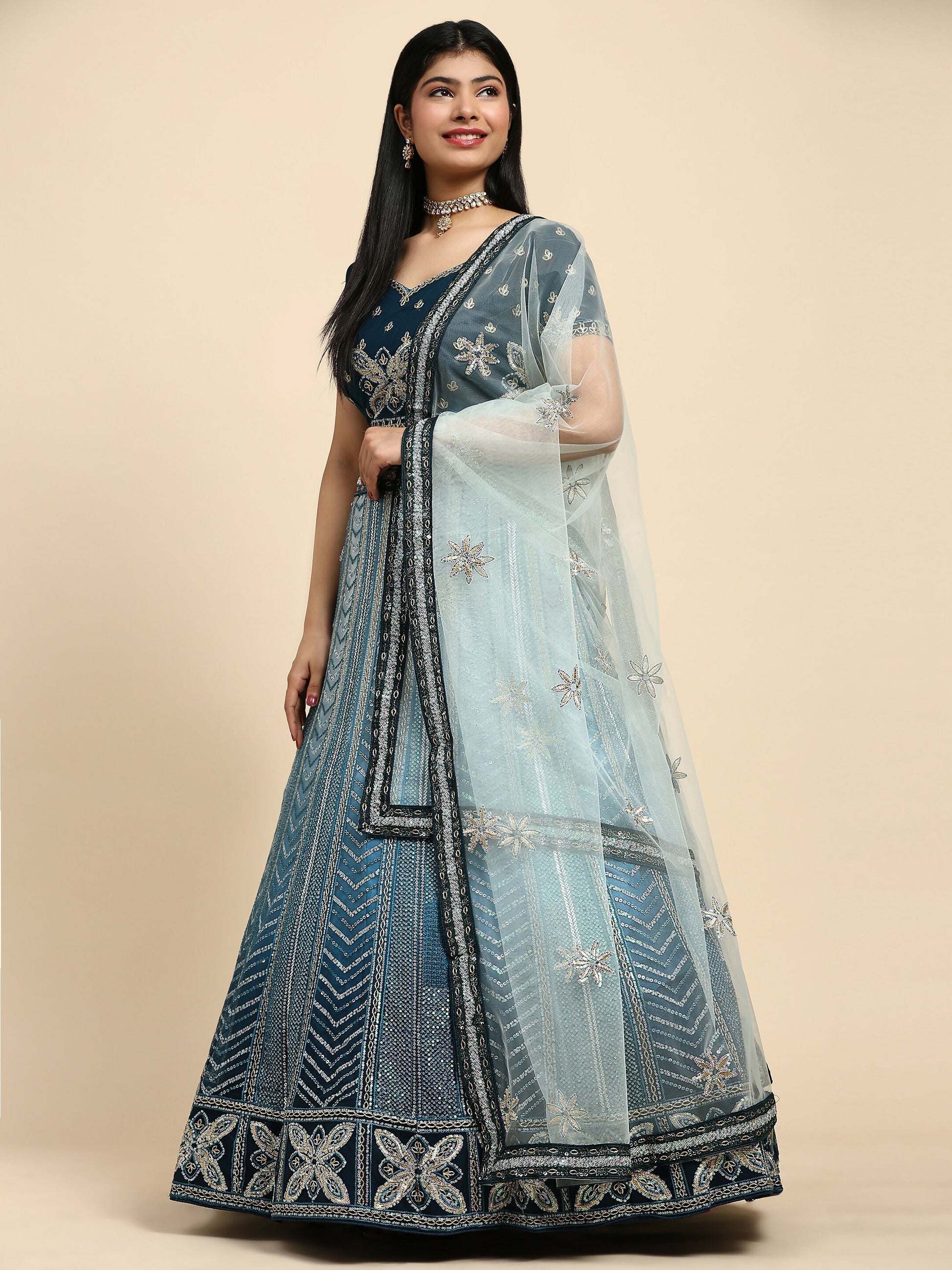 Blue Fancy Net Sequence Embroidered Lehenga Choli with Dupatta - Dhara | Swadesiicart