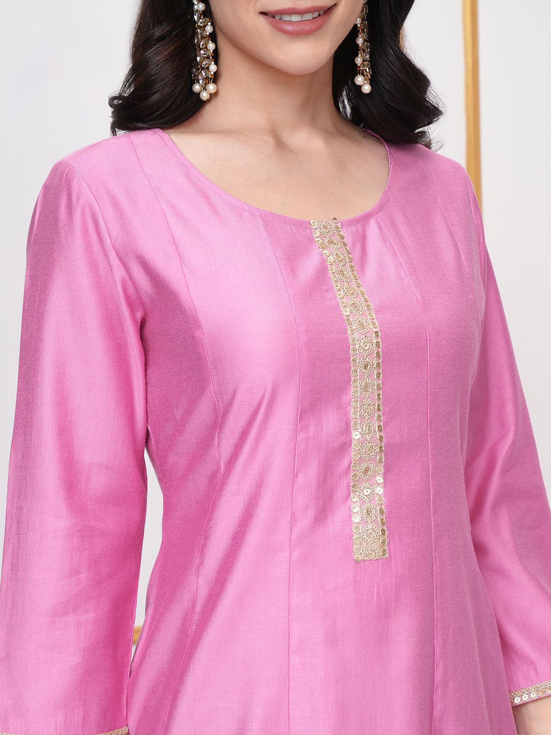 Vishudh Pink Round Neck Three-Quarter Sleeves Panelled A-Line Kurta - Swadesiicart