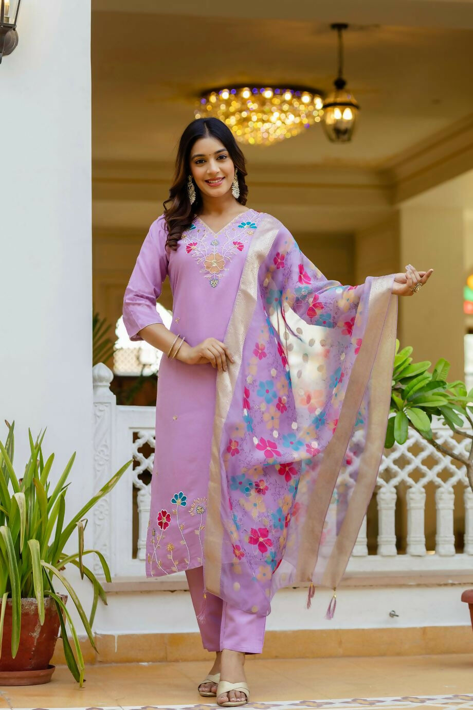 The52 Lavender Women's Gorgeous Embroidered work Viscose Gadhwal Fabric Straight Kurta, Pant and Dupatta Set - Swadesiicart