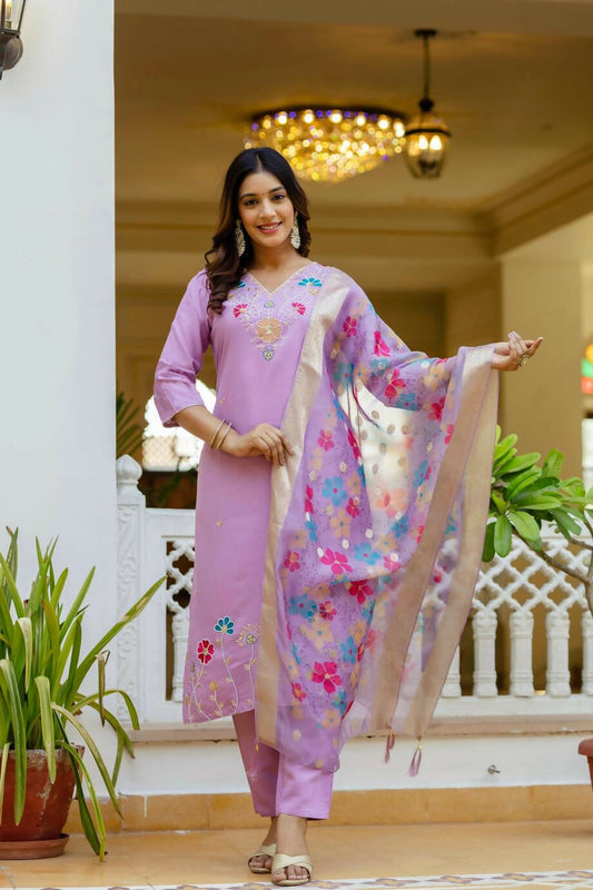 The52 Lavender Women's Gorgeous Embroidered work Viscose Gadhwal Fabric Straight Kurta, Pant and Dupatta Set - Swadesiicart