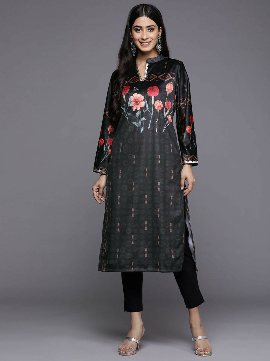 Ahalyaa Women Black & Red Floral Printed Gotta Patti Floral Velvet Kurta | Swadesiicart